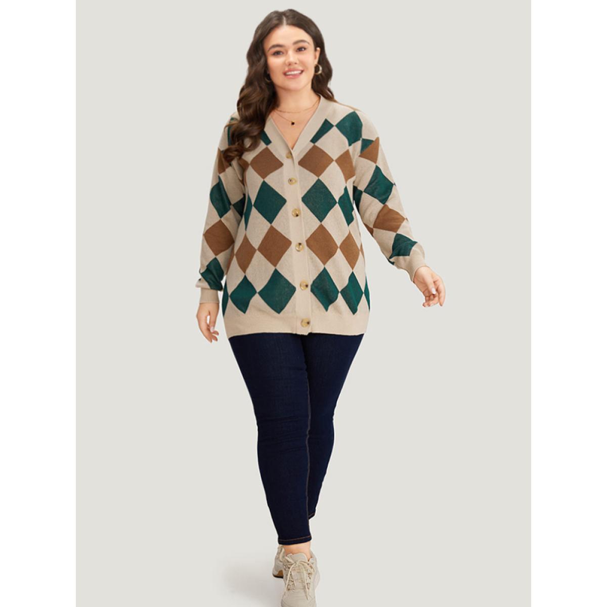 Plus Size Argyle Plaid Contrast Button Up Cardigan Multicolor Women Casual Loose Long Sleeve Dailywear Cardigans BloomChic 30/6X Product Image