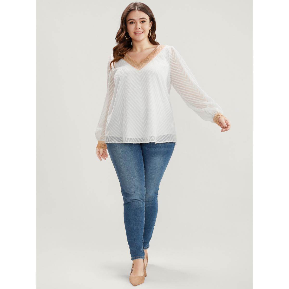 Plus Size Ivory Geometric Mesh Crochet Lace V Neck Blouse Women Elegant Long Sleeve V-neck Dailywear Blouses BloomChic 26/4X Product Image
