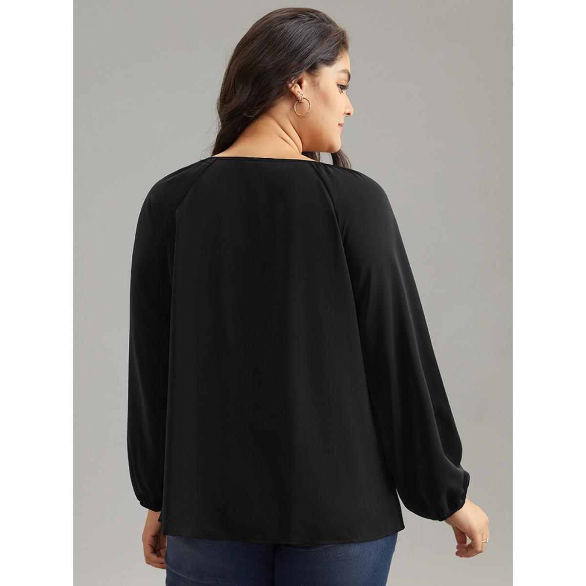 Plus Size Black Static-Free Chain Detail Cut Out Raglan Sleeve Blouse Women Office Long Sleeve Round Neck Work Blouses BloomChic 14-16/1X Product Image