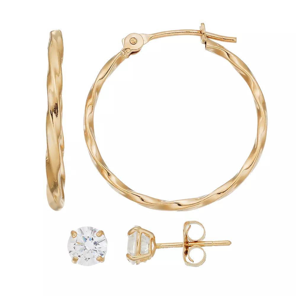 Forever 14K Textured Hoop & Cubic Zirconia Stud Earring Set, Women's, 14k Gold Product Image