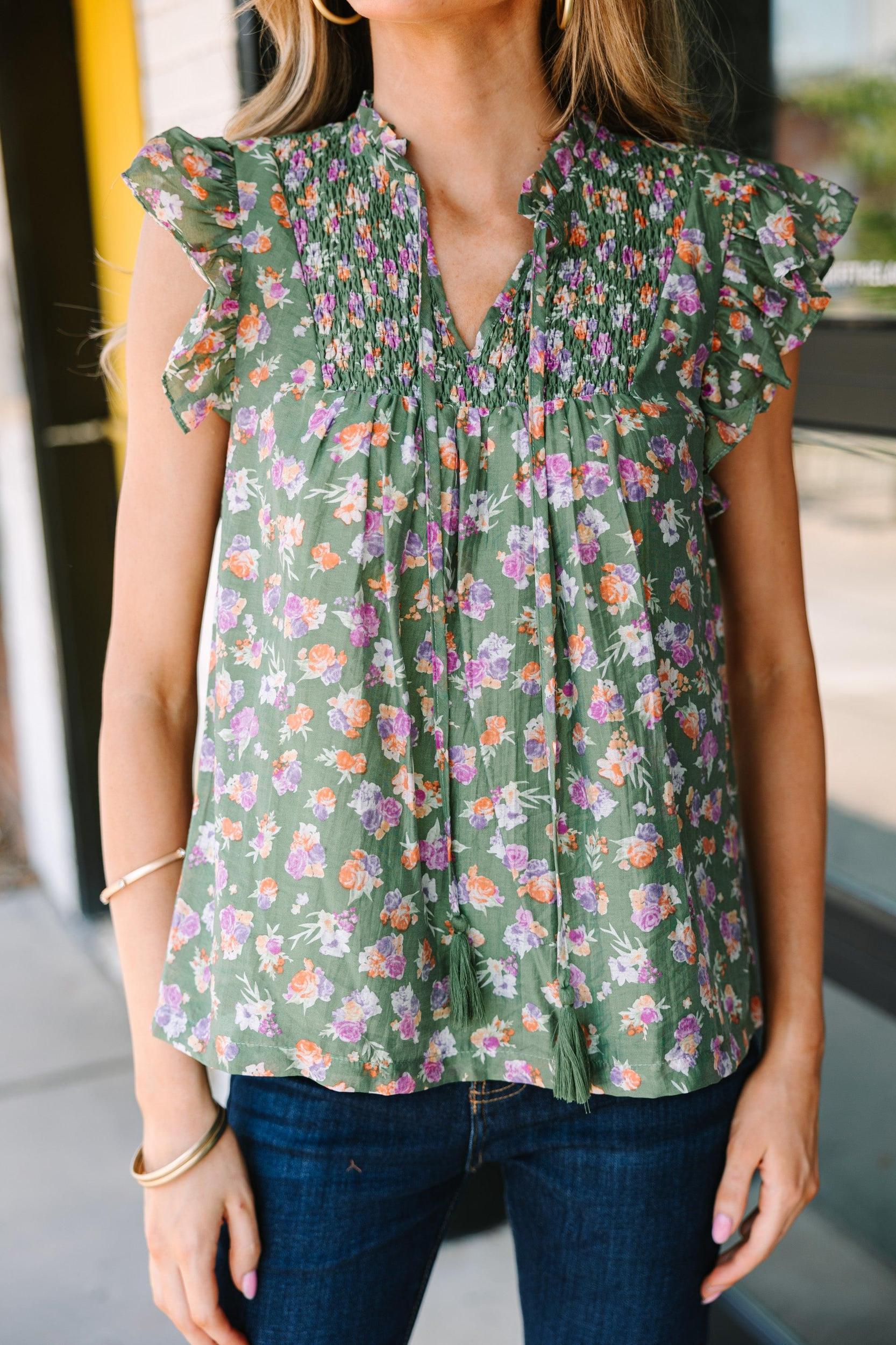 Fate: Pick And Choose Olive Green Floral Blouse Female Product Image