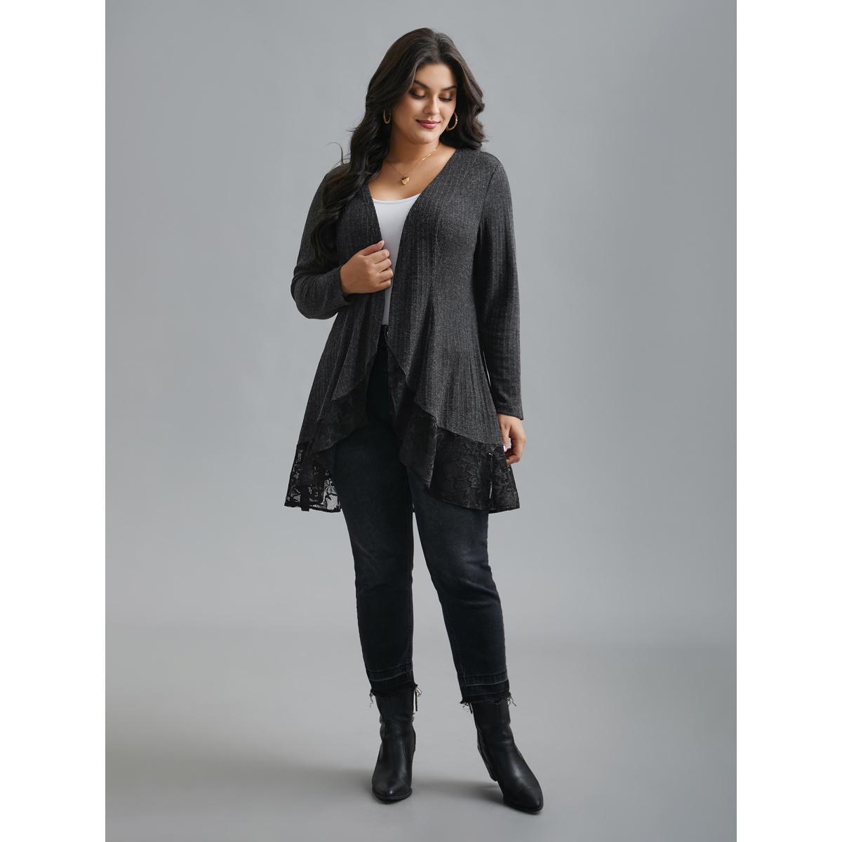 Plus Size Lace Scalloped Open Front Cardigan Women Black Texture Loose Everyday Jackets BloomChic 12/L Product Image