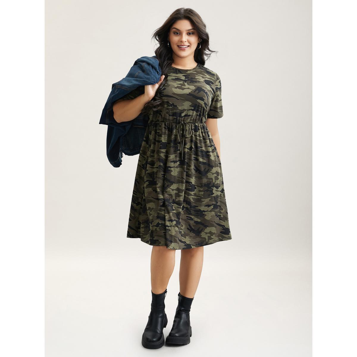 Plus Size Camouflage Print Round Neck Pockets Midi Dress ArmyGreen Women Casual Tie knot Knit Dresses Bloomchic 28/5X Product Image