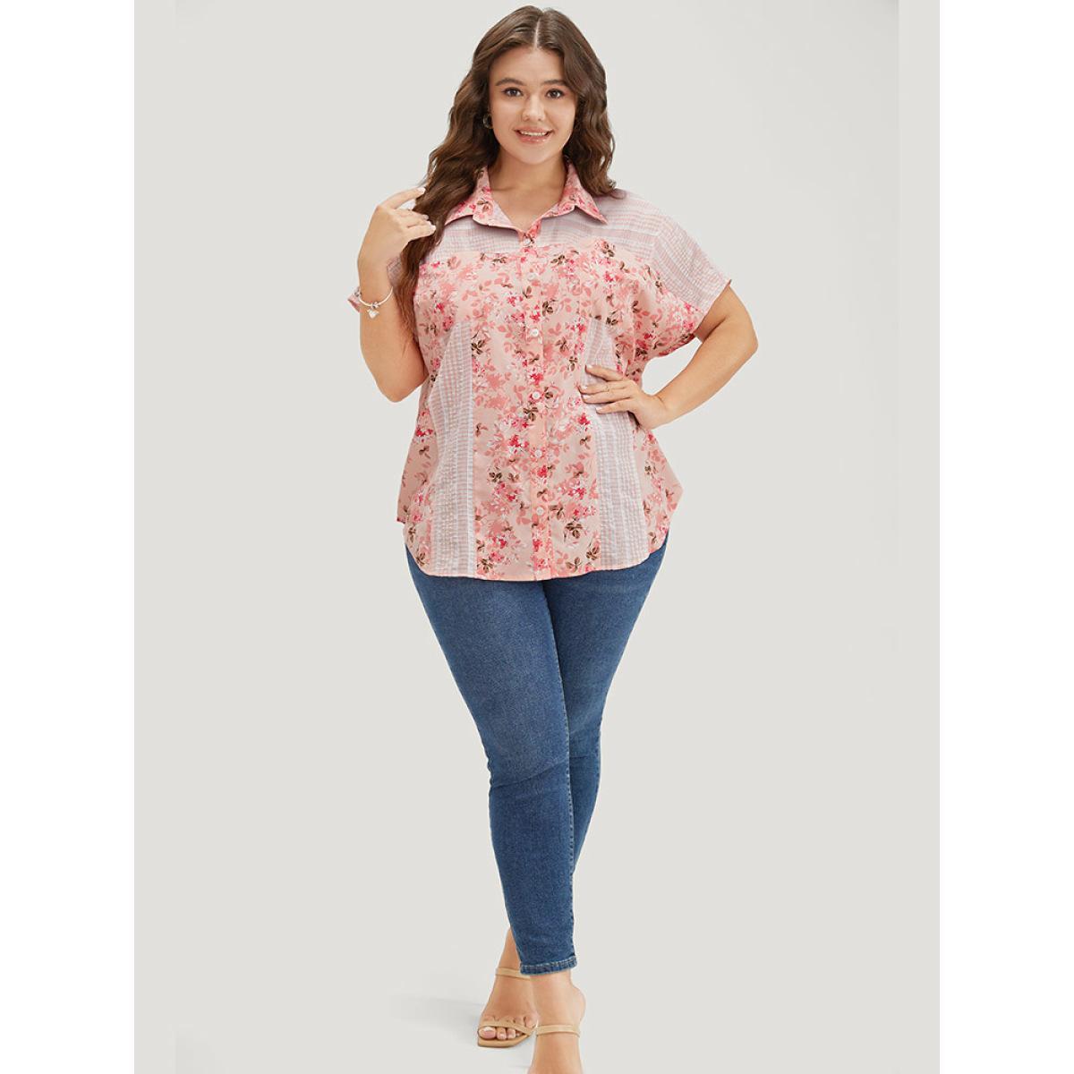 Plus Size MistyRose Floral Patchwork Pocket Button Up Arc Hem Blouse Women Elegant Short sleeve Shirt collar Dailywear Blouses BloomChic 10/M Product Image