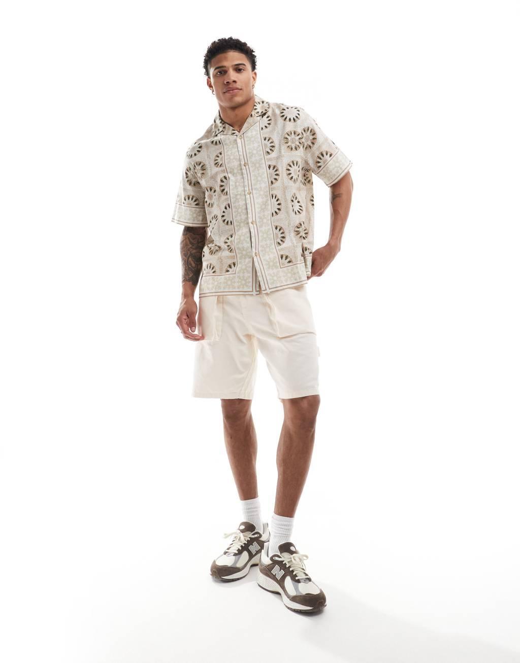 ASOS DESIGN relaxed camp collar shirt with geo print in stone Product Image