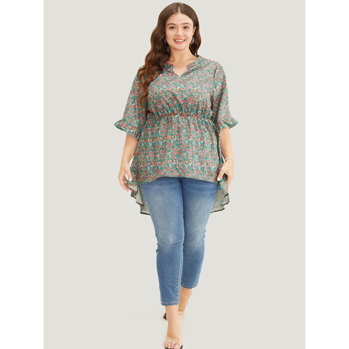 Plus Size Emerald Ditsy Floral Ruffle Sleeve Notched High Low Hem Blouse Women Elegant Short sleeve Notched collar Dailywear Blouses BloomChic 22-24/3X Product Image