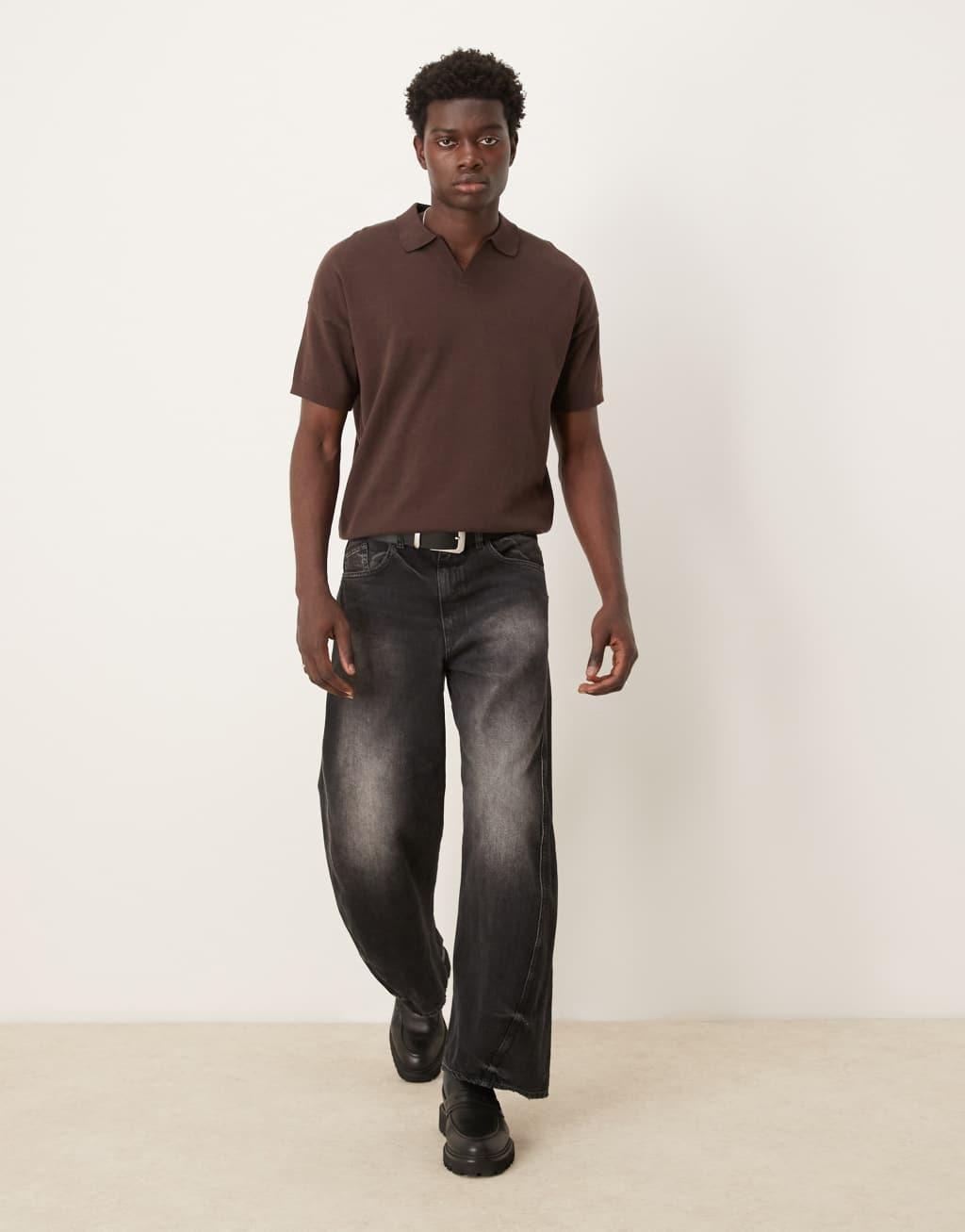 ASOS DESIGN relaxed boxy fit knit midweight cotton notch neck polo in brown Product Image