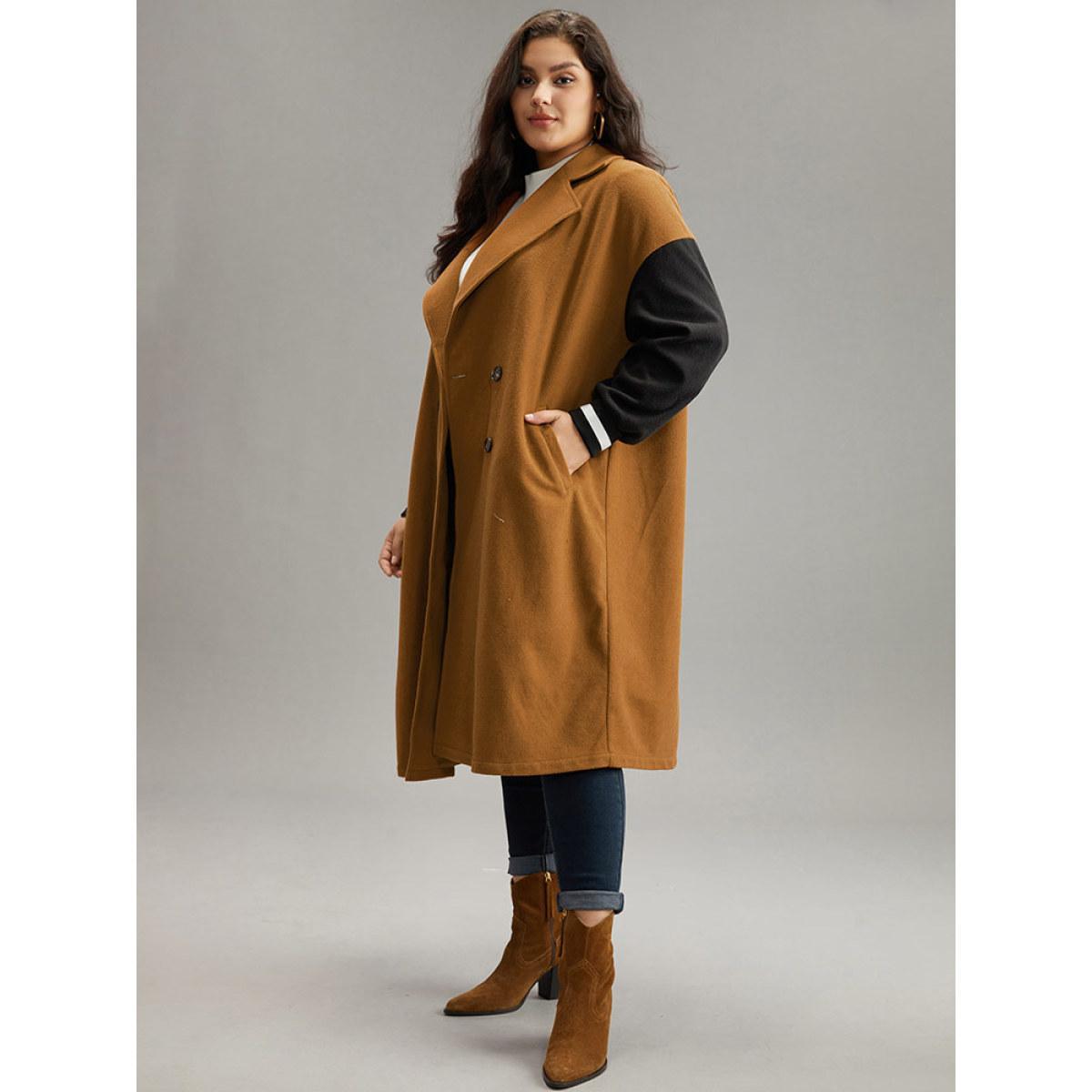 Plus Size Lapel Collar Patchwork Contrast Trim Coat Women Tan Casual Contrast Ladies Everyday Winter Coats BloomChic 18-20/2X Product Image
