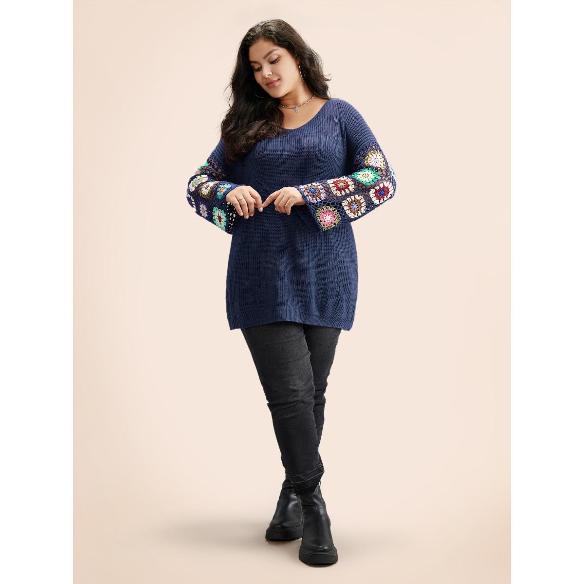 Plus Size Floral Embroidered Hollow Out Pullover Indigo Women Casual Long Sleeve V-neck Everyday Pullovers BloomChic 14-16/1X Product Image