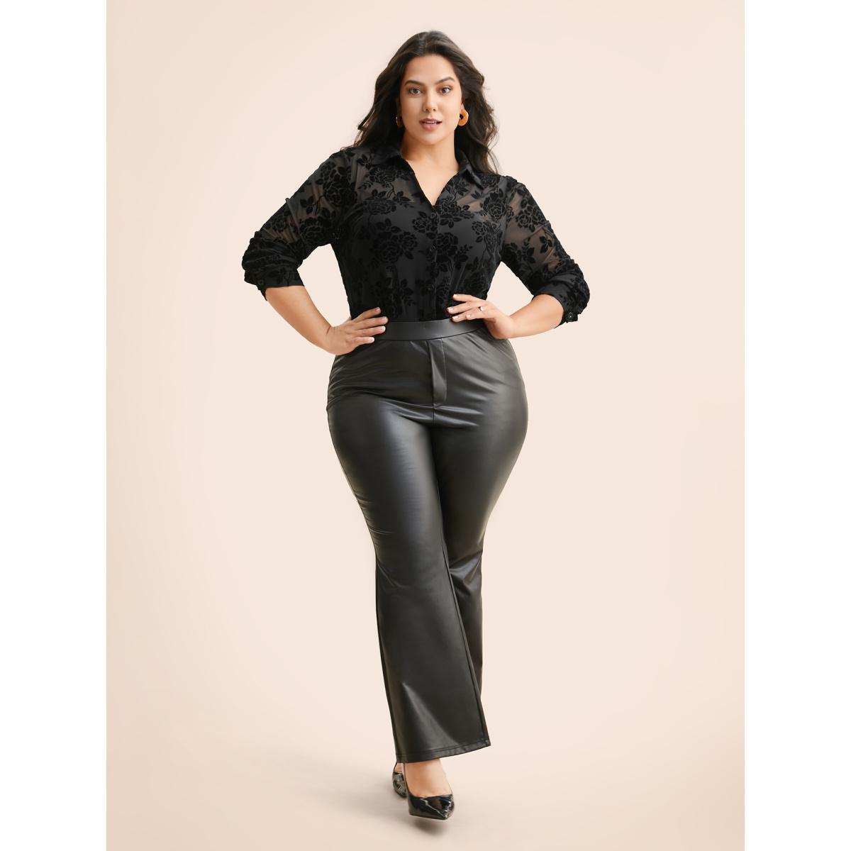 Plus Size Black Shirt Collar Floral Flocking Mesh Blouse Women Elegant Long Sleeve Shirt collar Everyday Blouses BloomChic 30/6X Product Image