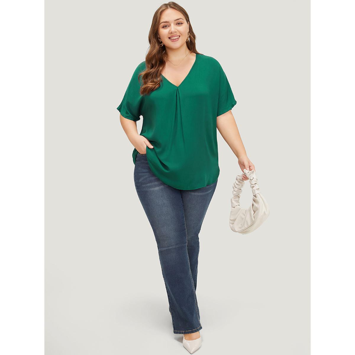 Plus Size ArmyGreen Plain Plicated Detail Batwing Sleeve Curved Hem Blouse Women Office Short sleeve V-neck Work Blouses BloomChic 12/L Product Image