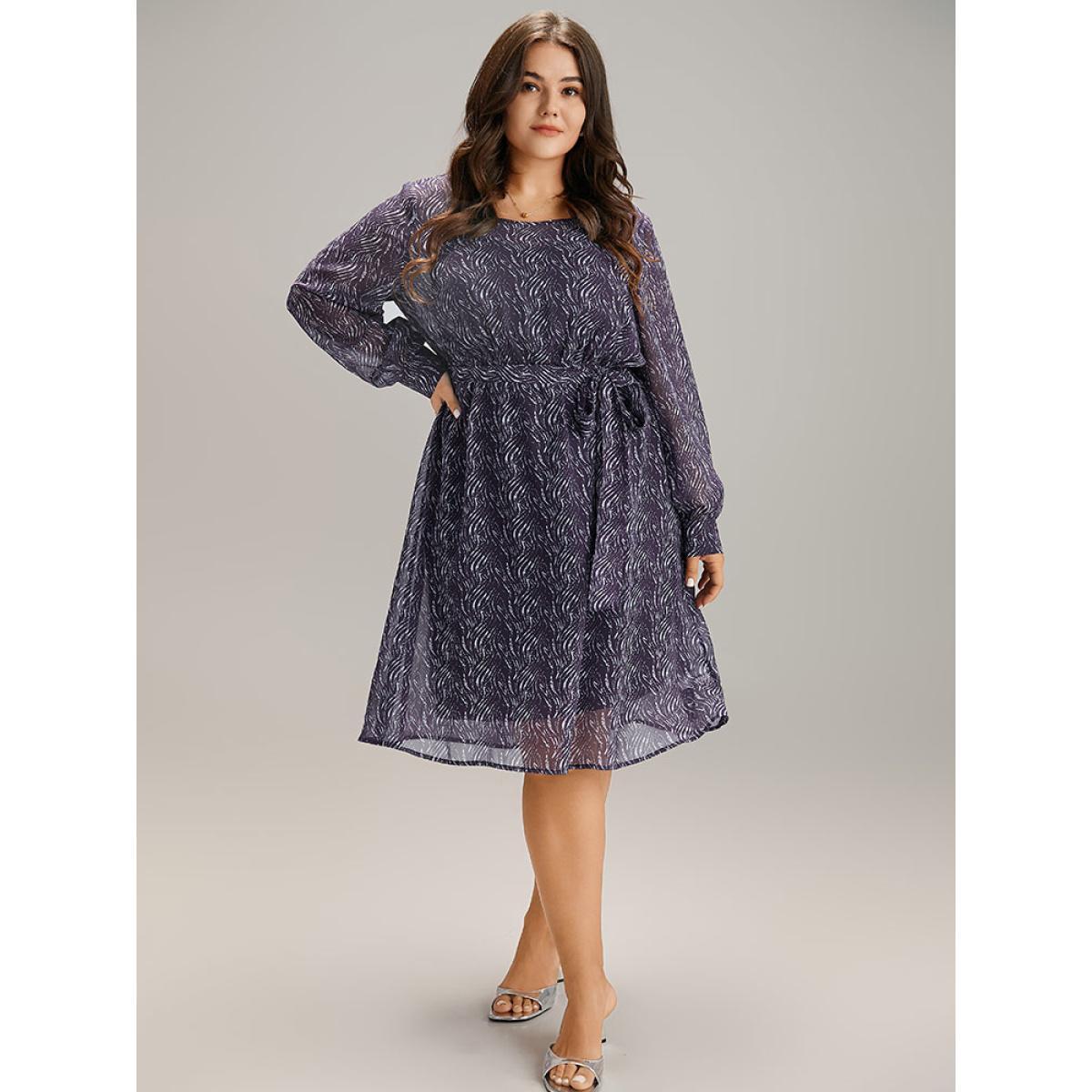 Plus Size Geometric Mesh Elastic Waist Belted Dress Indigo Women Office See through Round Neck Long Sleeve Curvy Midi Dress BloomChic 26/4X Product Image