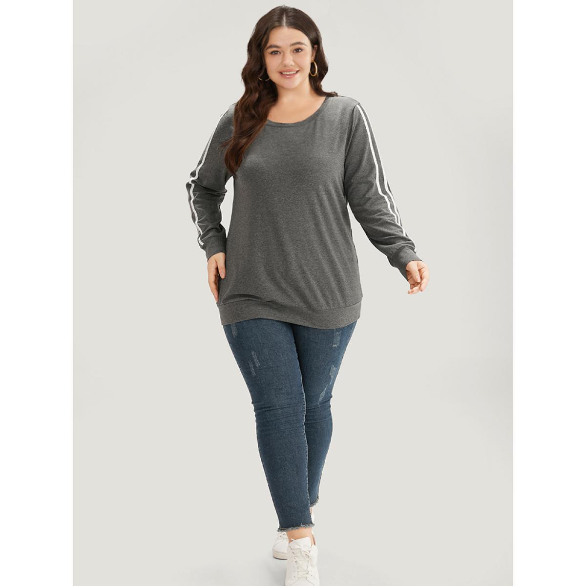 Plus Size Contrast Trim Crew Neck Sweatshirt Women Gray Casual Elastic cuffs Round Neck Everyday Sweatshirts BloomChic 22-24/3X Product Image