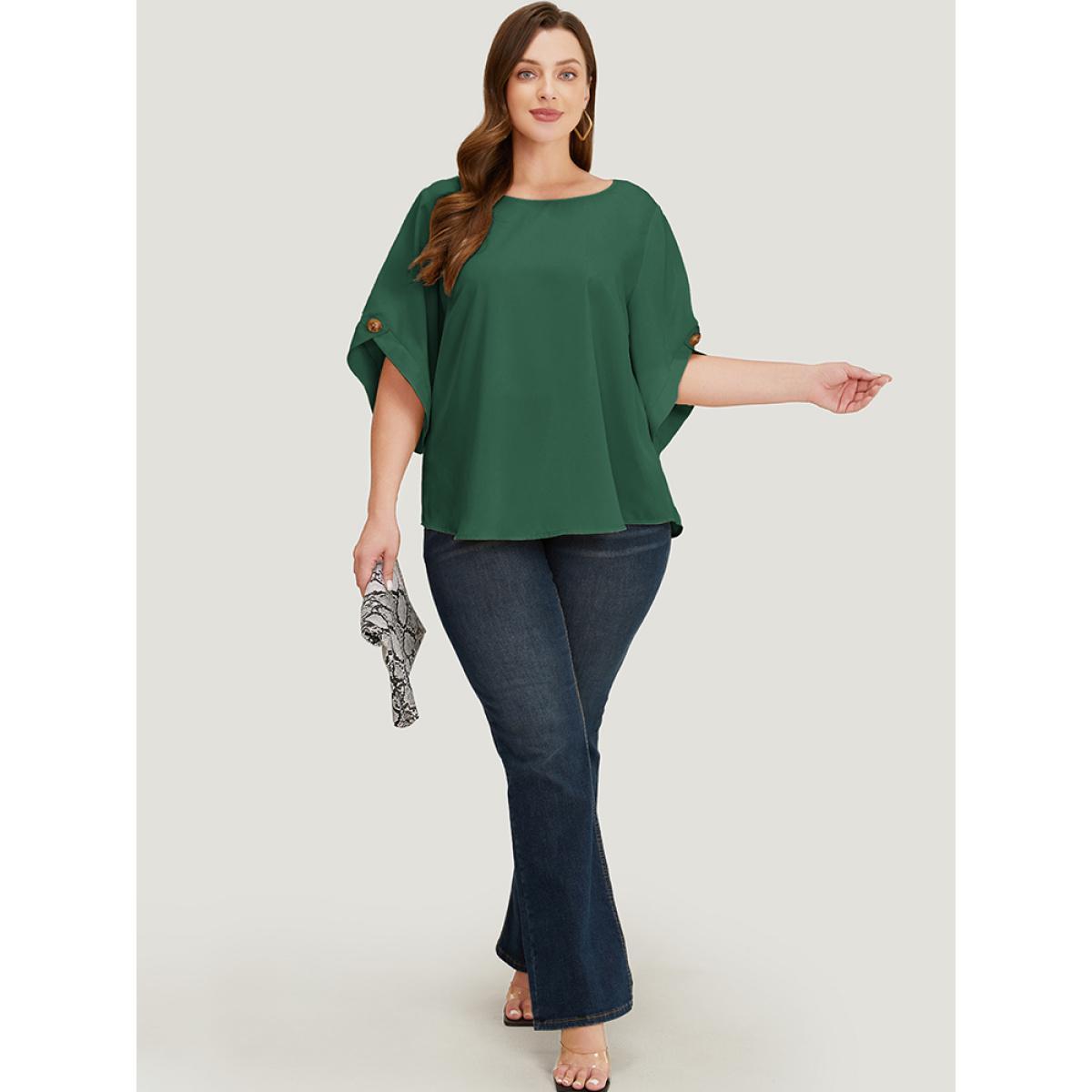 Plus Size ArmyGreen Solid Button Detail Flounce Sleeve Blouse Women Office Elbow-length sleeve Round Neck Dailywear Blouses BloomChic 28/5X Product Image