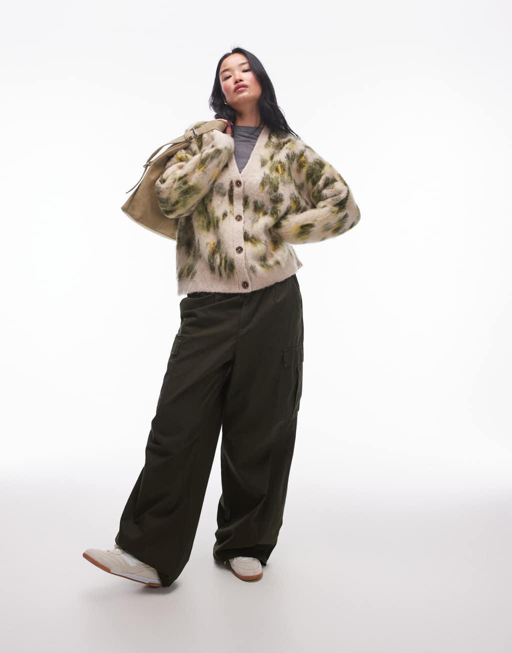 Topshop knit brushed abstract animal oversized cardi in green print Product Image