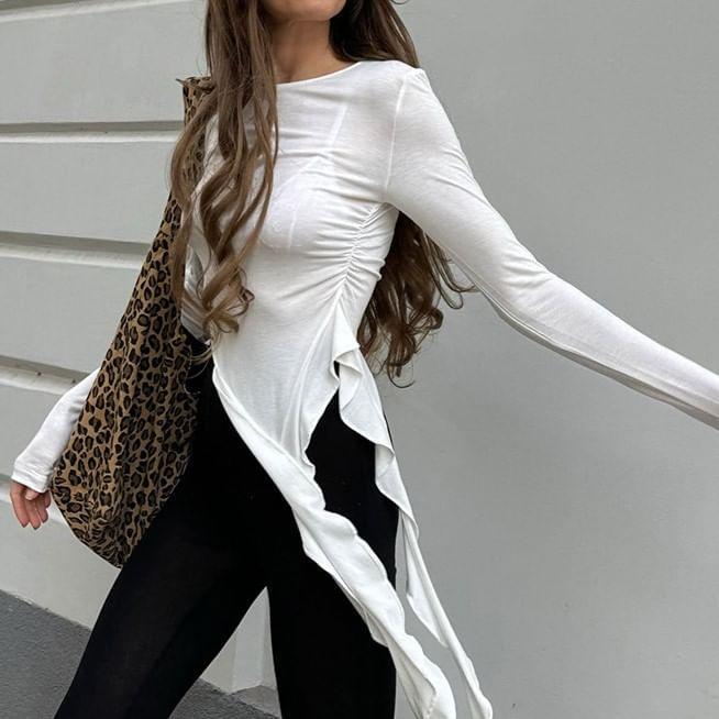 Long-Sleeve Crew Neck Plain Asymmetrical Tee Product Image