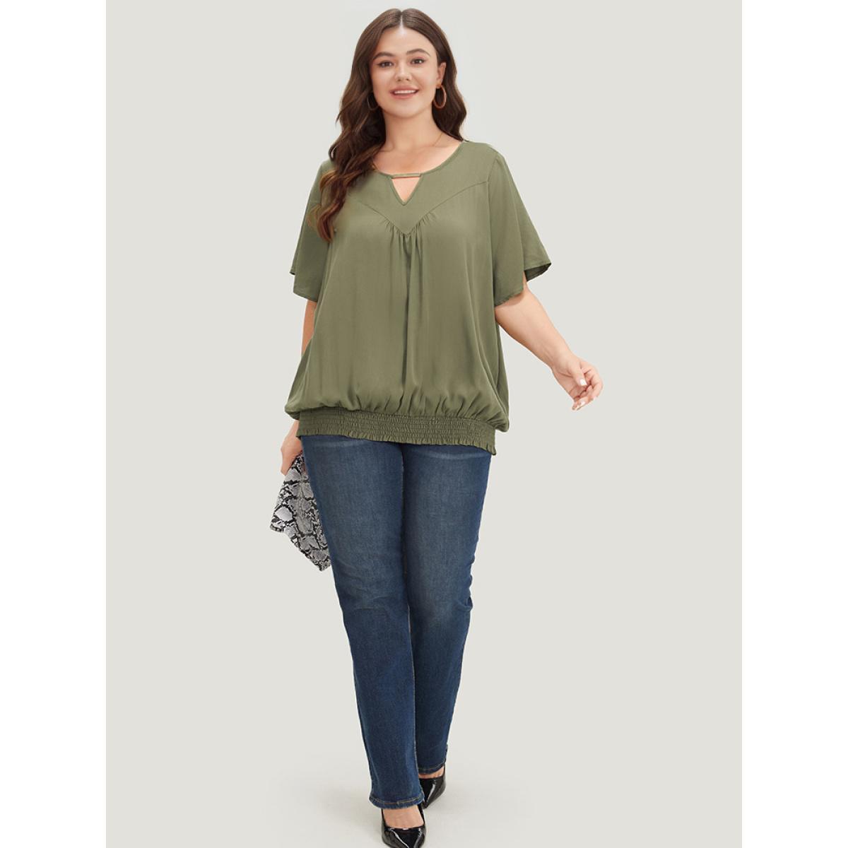 Plus Size ArmyGreen Solid Shirred Keyhole Gathered Ruffle Sleeve Blouse Women Office Half Sleeve V-neck Work Blouses BloomChic 22-24/3X Product Image