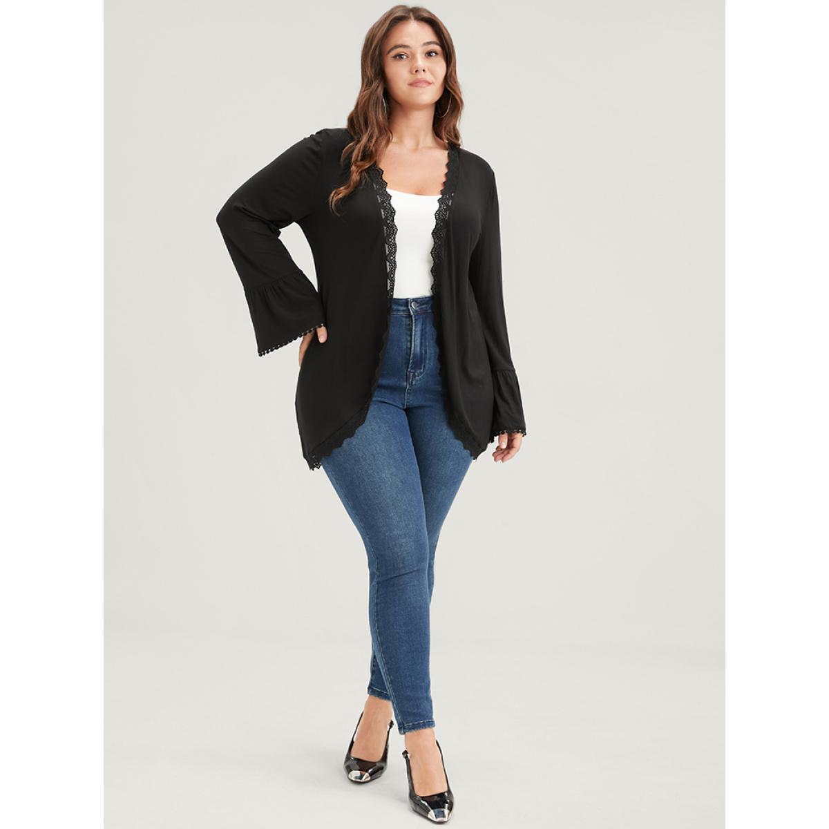 Plus Size Solid Ruffle Sleeve Lace Trim Coat Women Black Elegant Patchwork Ladies Dailywear Winter Coats BloomChic 14-16/1X Product Image