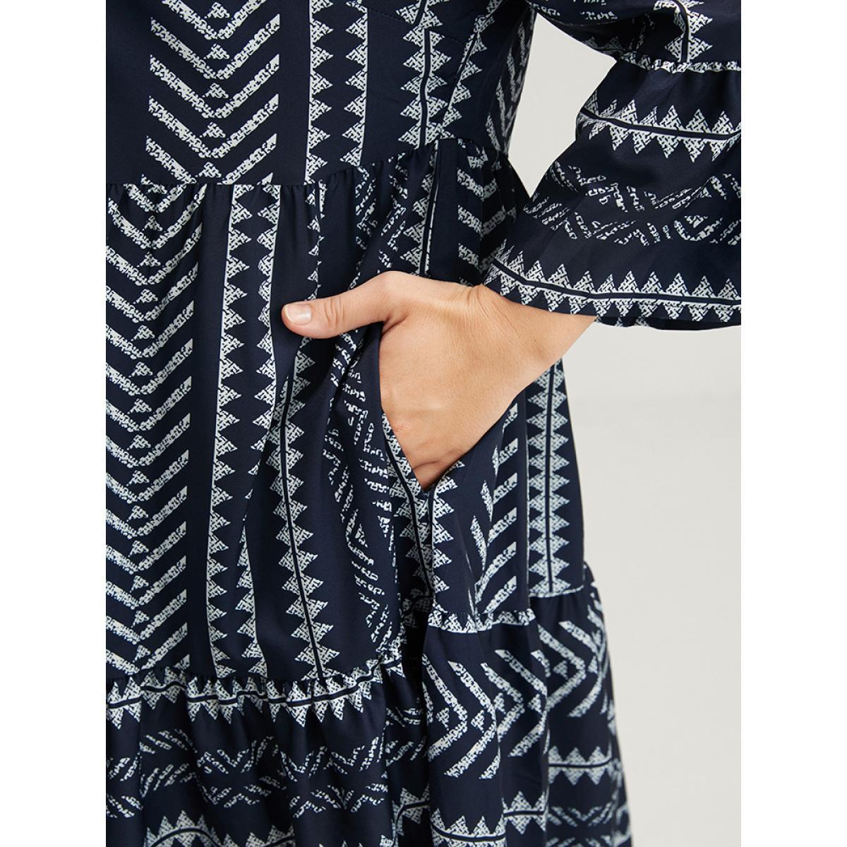 Plus Size Bloom Dress -Geometric Pocket Ruffles V Neck Knee Dress DarkBlue Women Vacation Pocket V-neck Elbow-length sleeve Curvy Knee Dress BloomChic 12/L Product Image