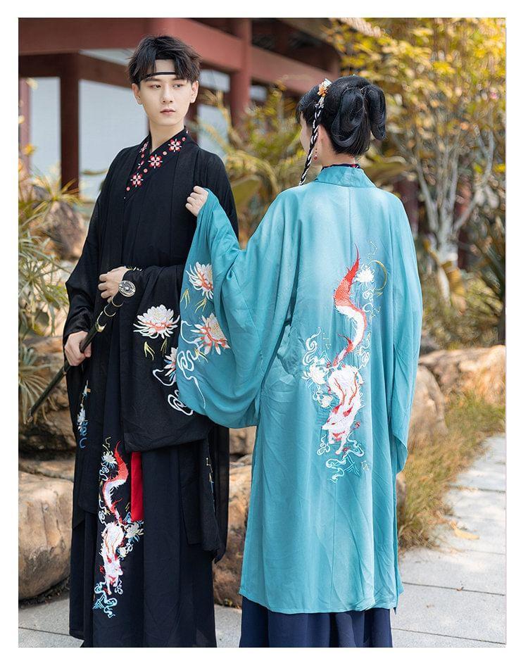 Couple Matching Fox Floral Embroidered Hanfu Jacket / Top / High Waist Maxi A-Line Skirt / Set Product Image