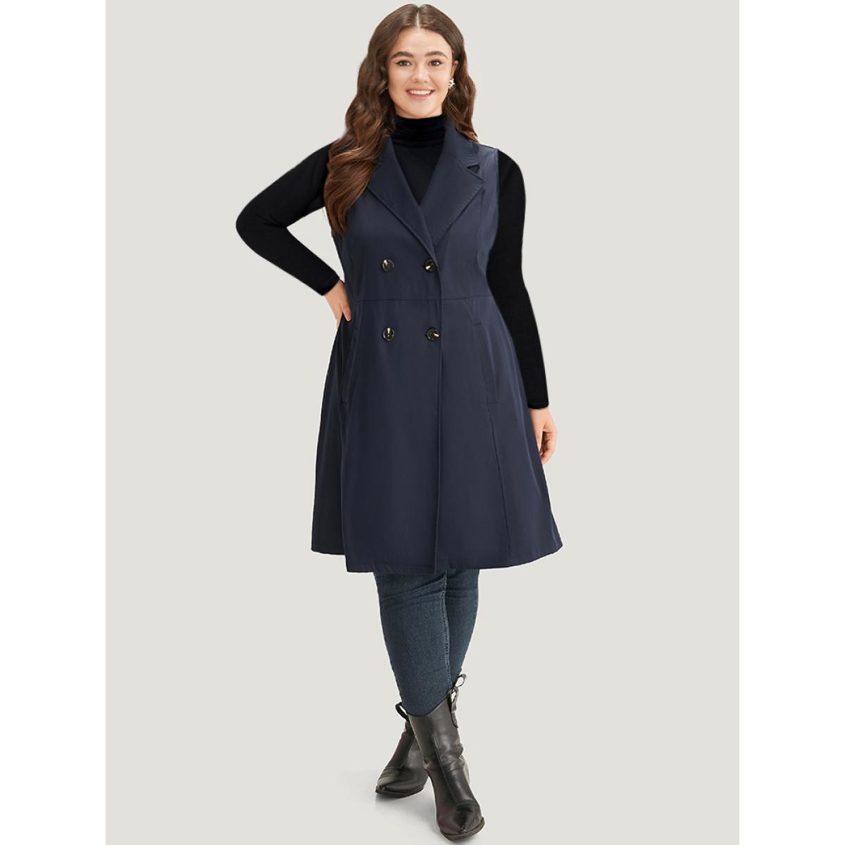 Plus Size Plain Pocket Button Through Suit Collar Coat Women DarkBlue Casual Plain Ladies Dailywear Winter Coats BloomChic 12/L Product Image