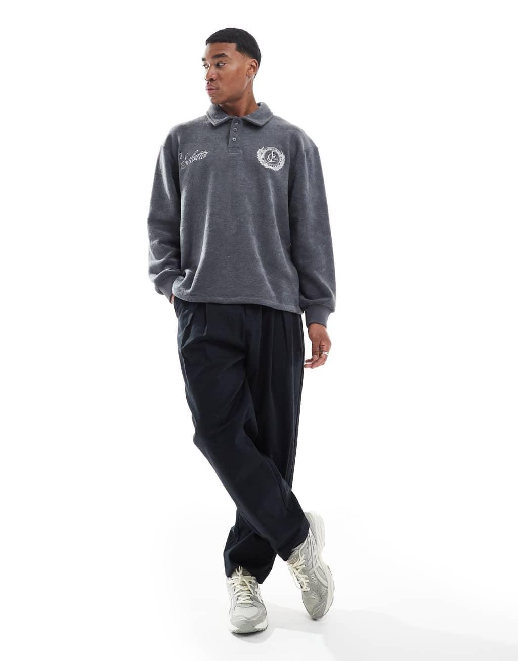 ASOS DESIGN oversized polo sweatshirt with embroidery in gray Product Image