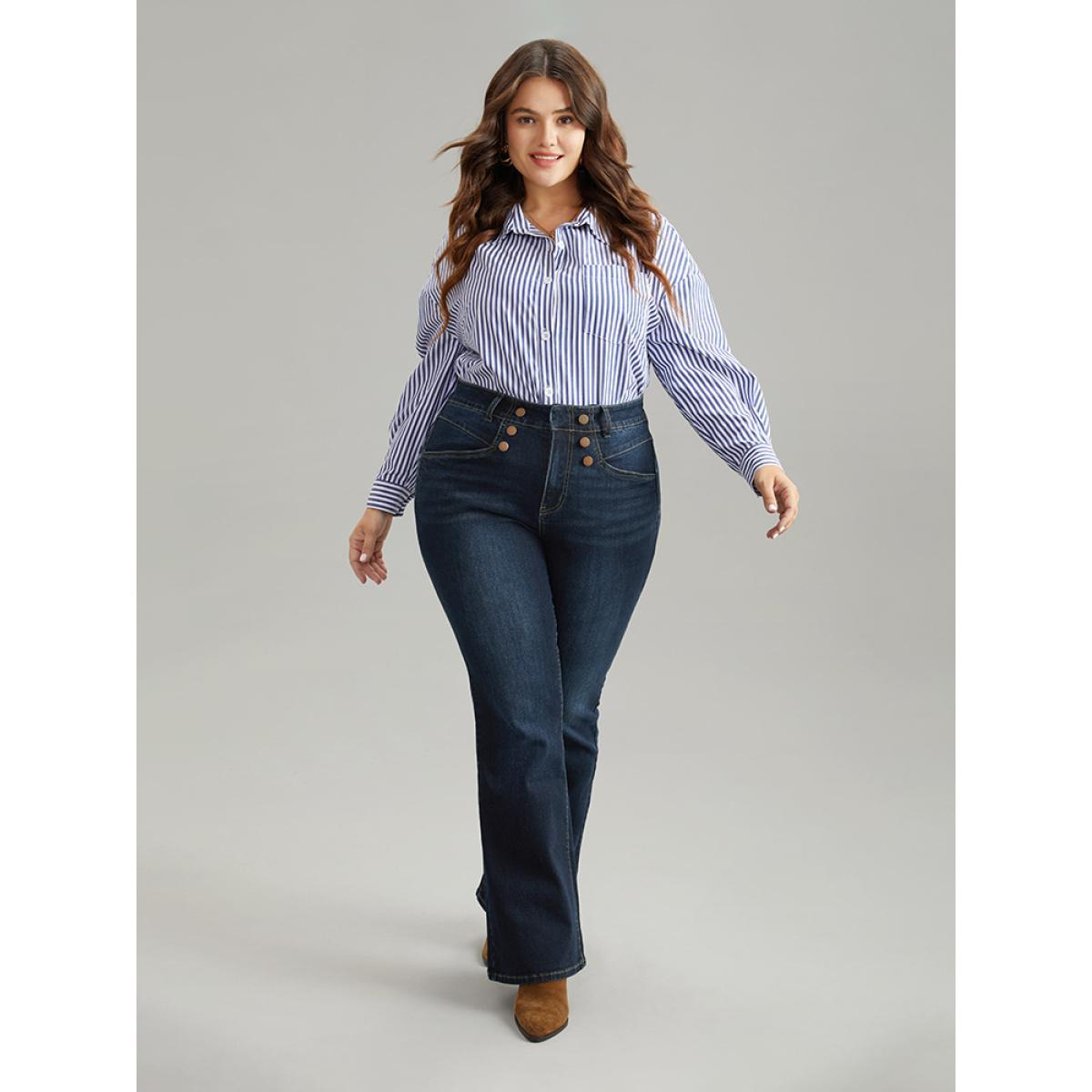 Plus Size Flare Leg Button Detail High Rise Jeans Women Indigo Casual Plain Non High stretch Slanted pocket Jeans BloomChic 20/2X Product Image