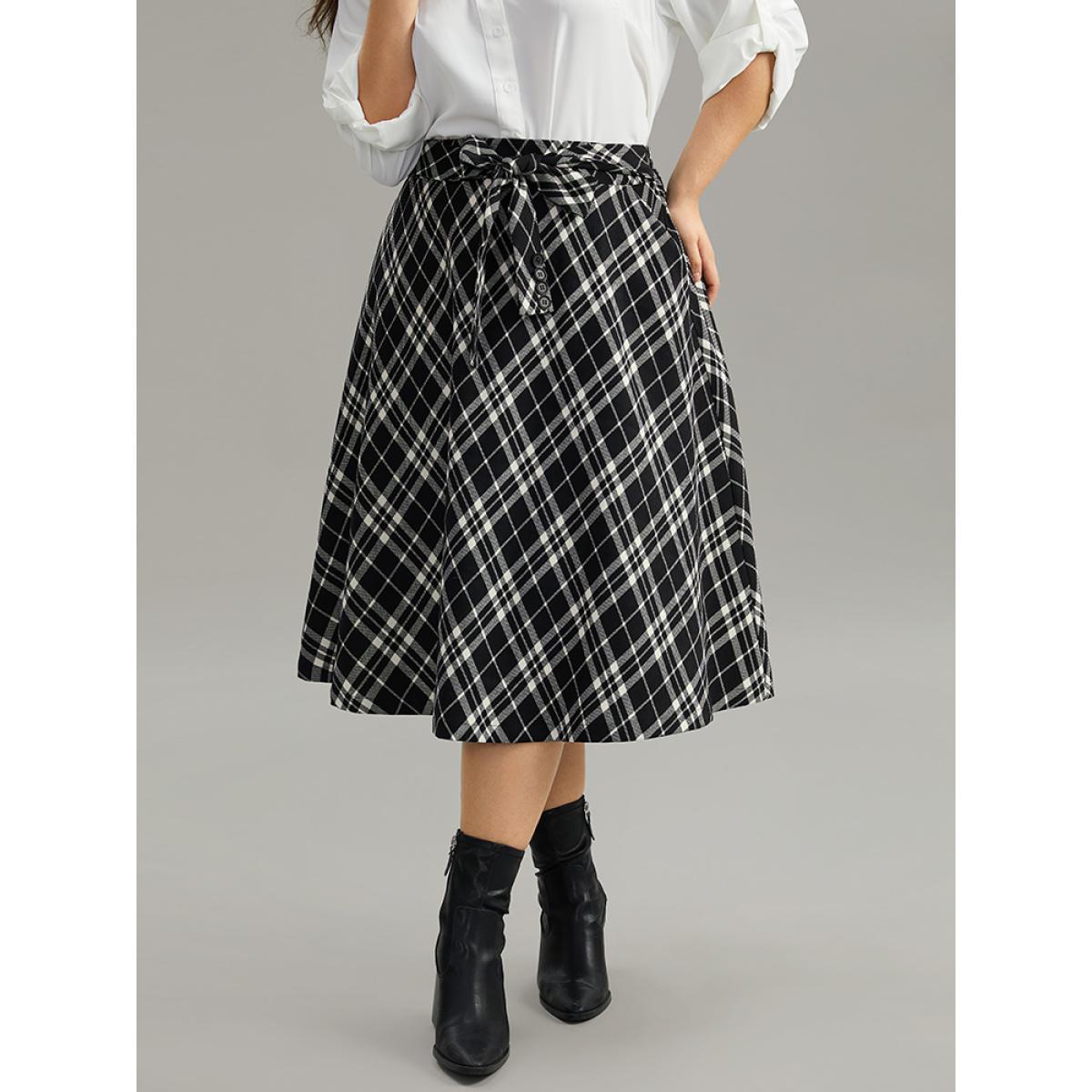 Plus Size Plaid Elastic Waist Knot Ties Skirt Women Black Office Cross straps No stretch Pocket Work Skirts BloomChic 28/5X Product Image