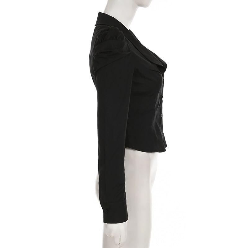 Long Sleeve Collared V-Neck Plain Crop Shirt Product Image