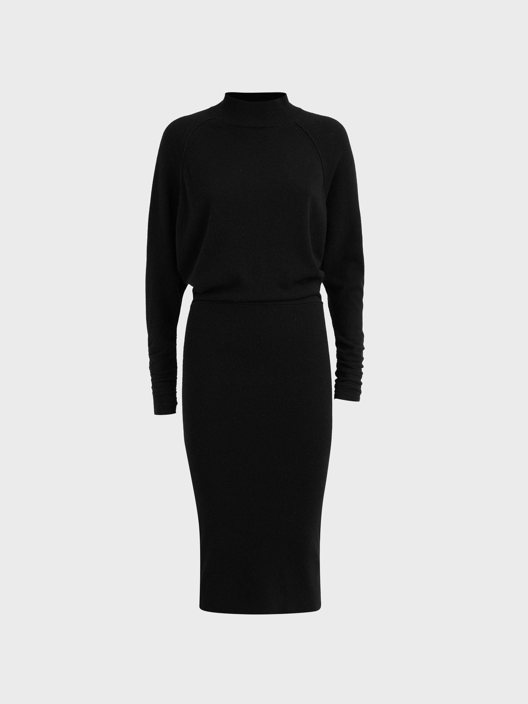 Wool Blend Ruched Sleeve Midi Dress in Black Product Image