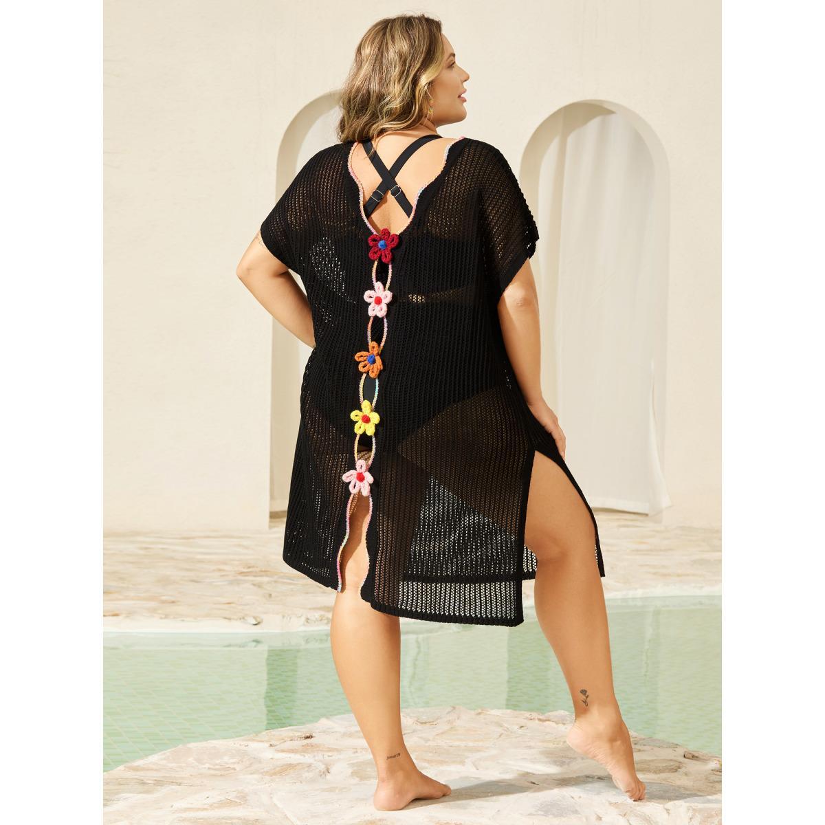 Plus Size Crochet Flower Backless Slit Swim Cover-Up Women's Swimwear Black Beach Loose Curve Swim Cover Ups BloomChic 10/M Product Image