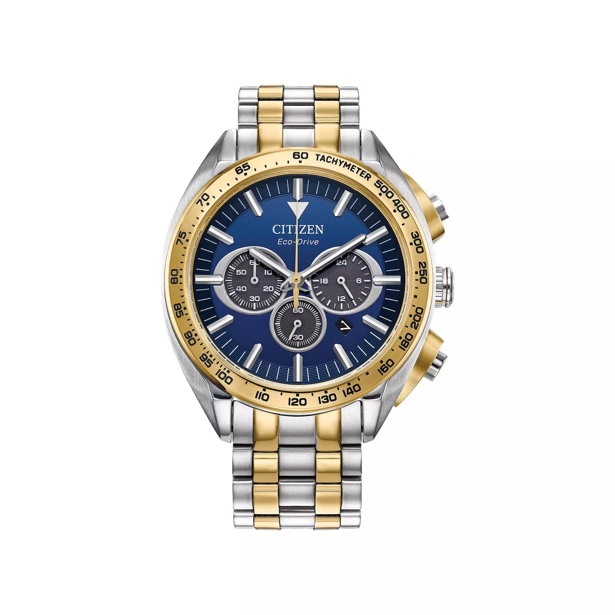 Citizen Mens Eco-Drive Carson Stainless Steel Bracelet Chronograph Watch Blue Two Tone Product Image