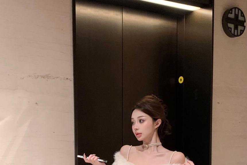 Plain Fluffy Cropped Capelet / Flared-Sleeve Cold-Shoulder Flower Embroidered Mini A-Line Dress Product Image