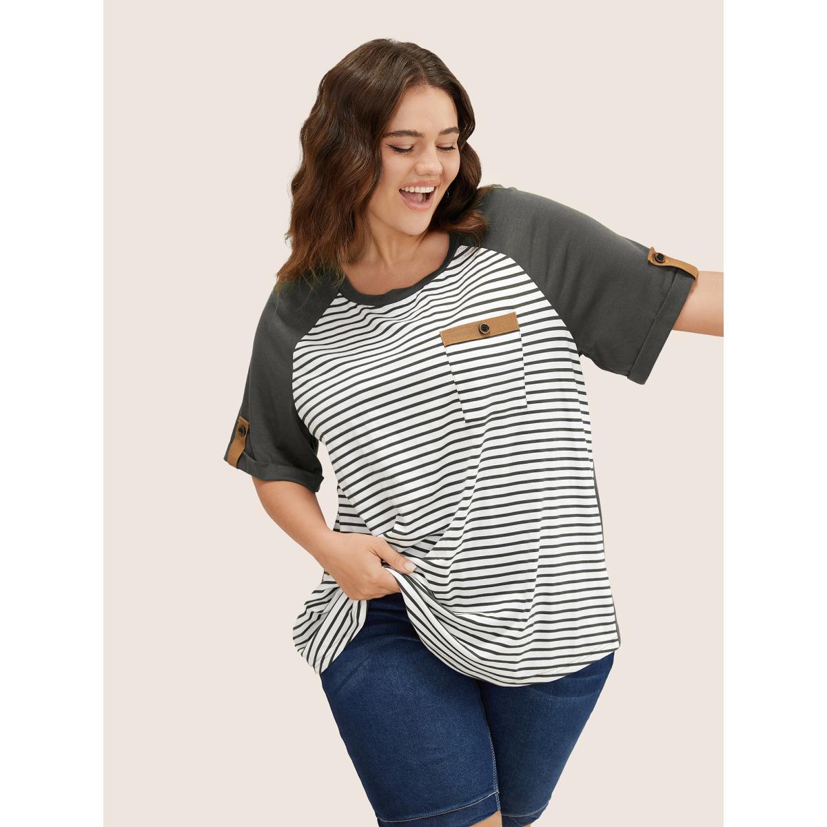 Plus Size Striped Contrast Patched Pocket Roll Raglan Sleeve T-shirt Gray Women Casual Contrast Striped Round Neck Everyday T-shirts BloomChic 28/5X Product Image