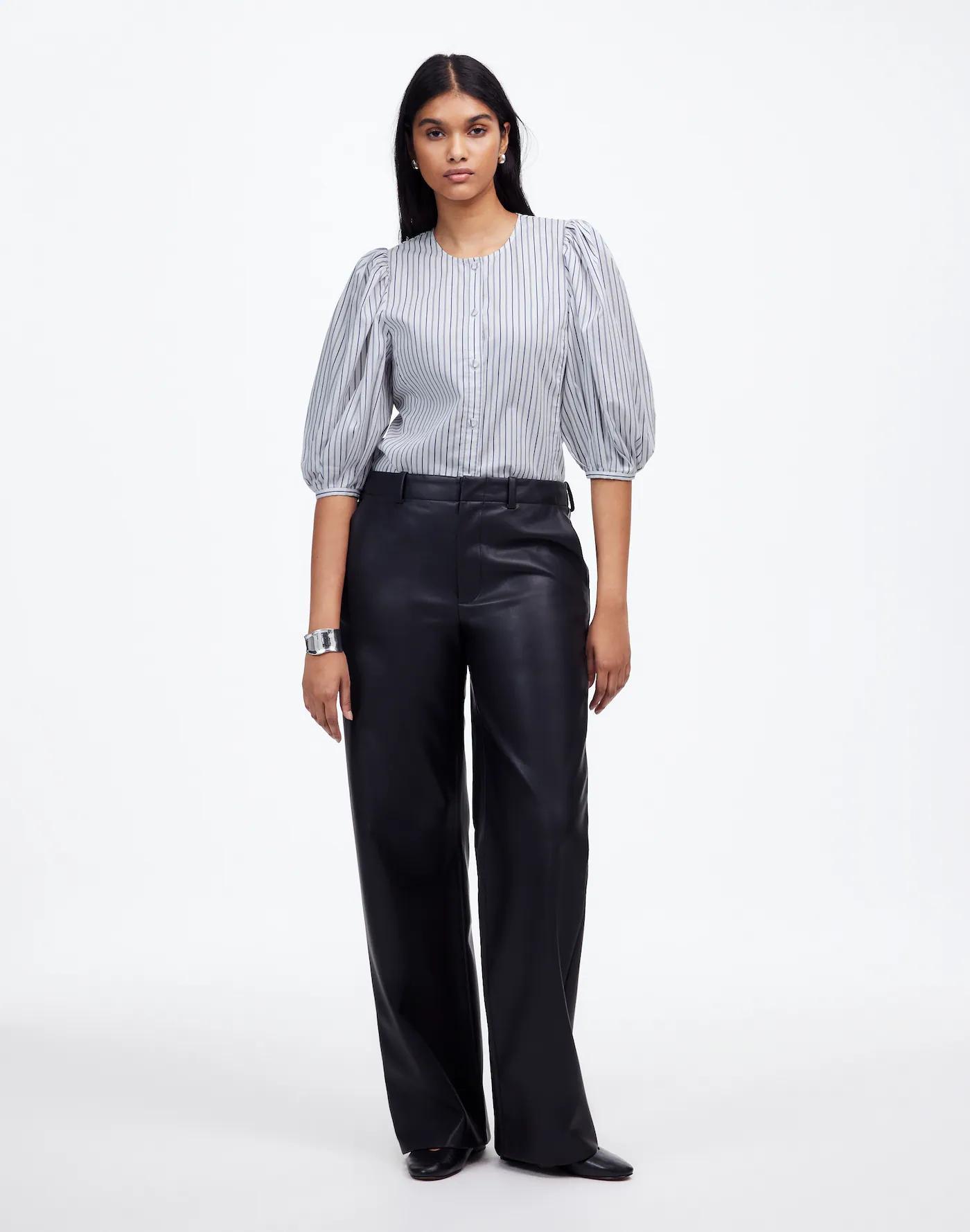 Puff-Sleeve Button-Up Top in Stripe Product Image