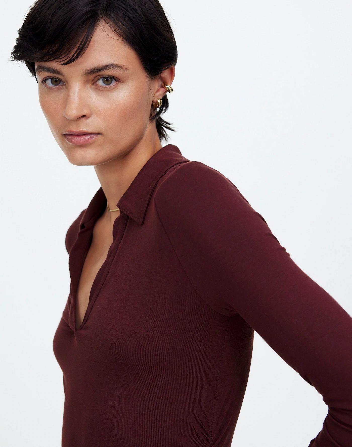 Side-Cinch Long-Sleeve Polo Top Product Image