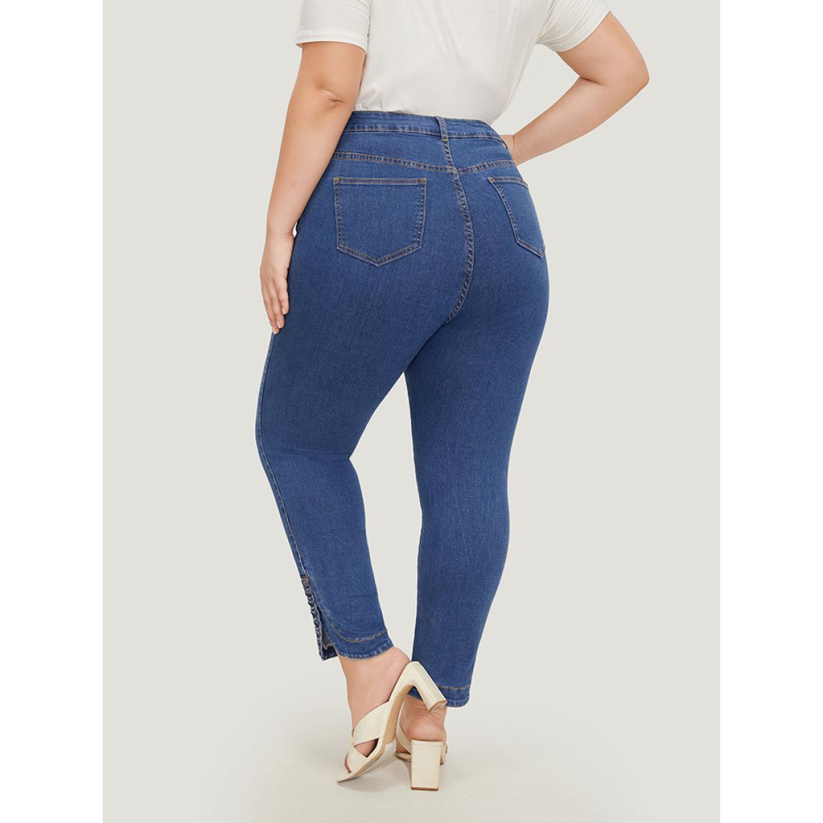 Plus Size Split Arc Hem Medium Wash Jeans Women Blue Casual Plain Arc Hem High stretch Pocket Jeans BloomChic 16/1X Product Image