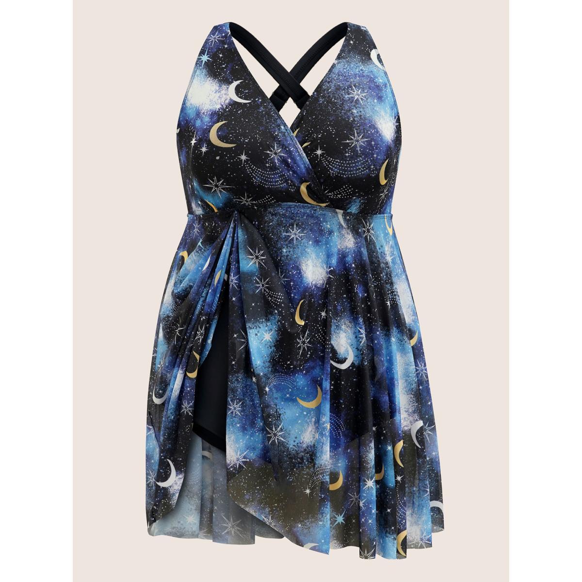Plus Size Overlap Collar Star & Moon Mesh Swim Dress Women's Swimwear Black Beach Bodycon Overlap Collar High stretch Curve Swim Dresses BloomChic 14-16/1X Product Image