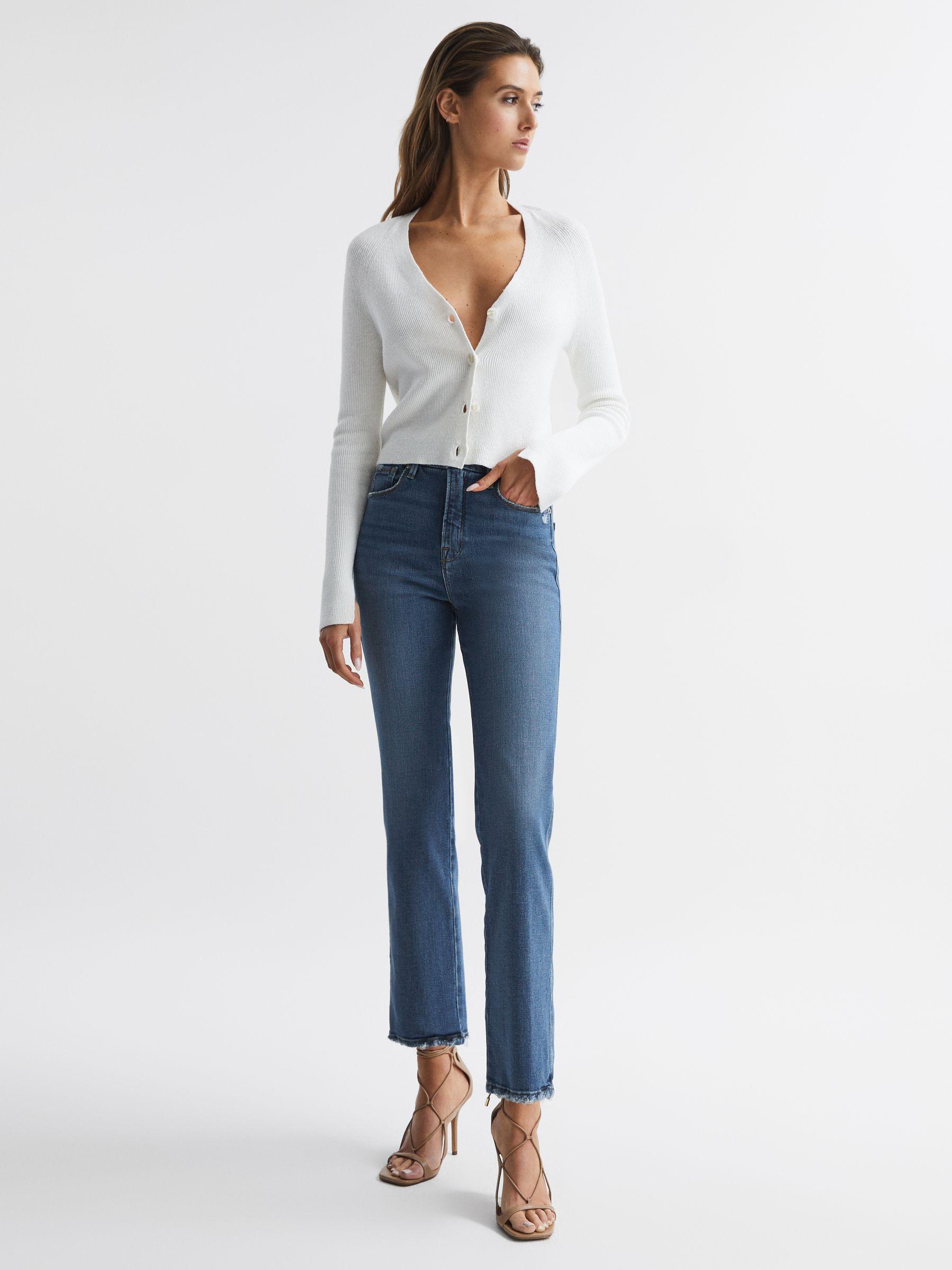 Good American Distressed Straight Leg Jeans in Mid Blue Product Image