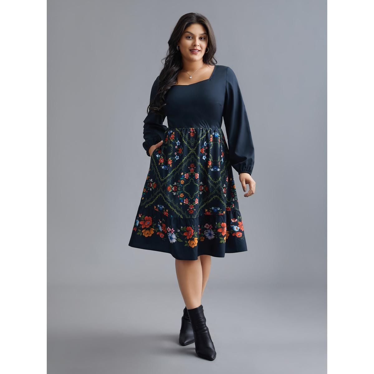 Plus Size Floral Printed Heart neckline Lantern Sleeve Dress DarkBlue Women Elegant Patchwork Heart neckline Long Sleeve Curvy BloomChic 10/M Product Image