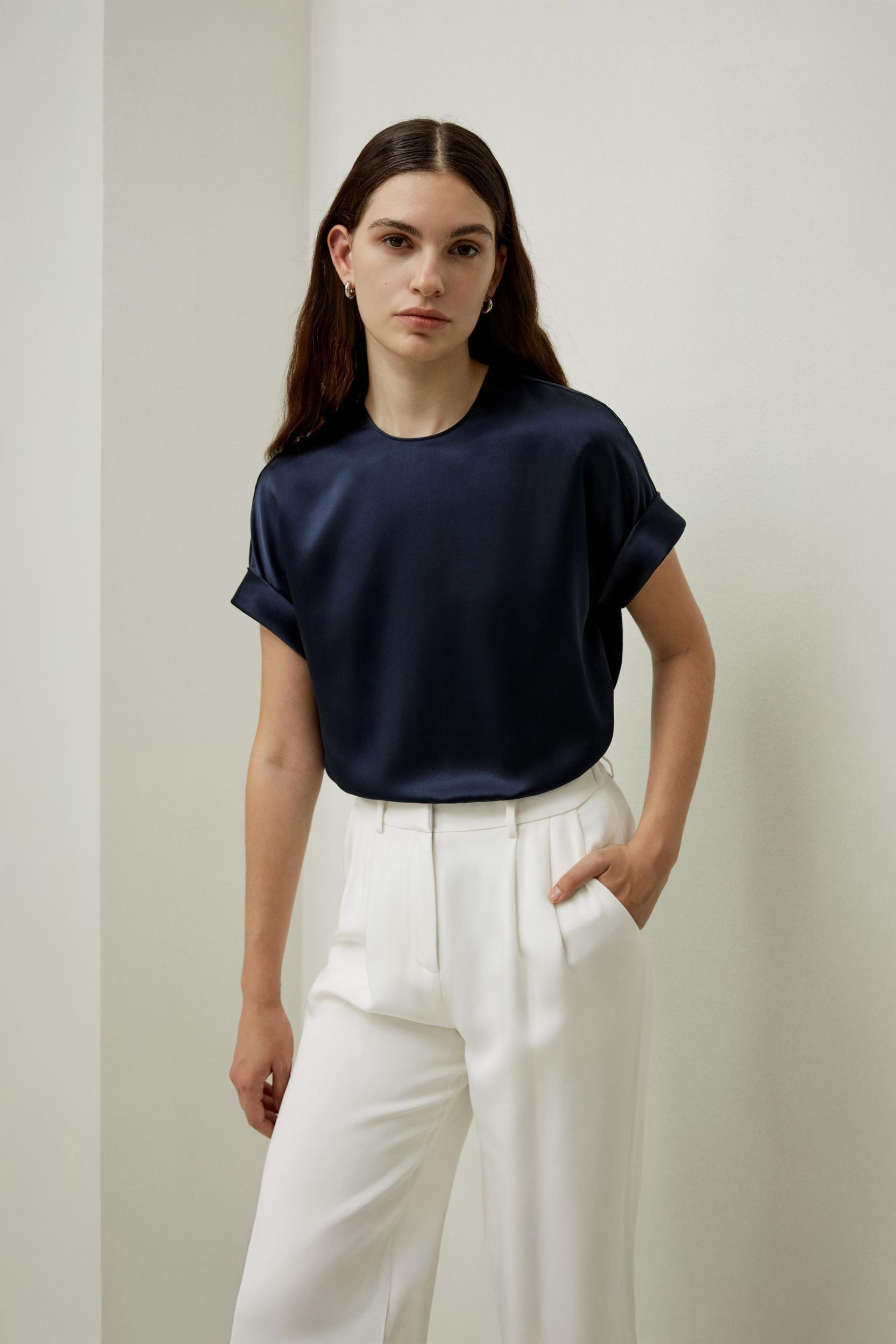 Obliuque Sleeves Round Neck Silk Tee Product Image