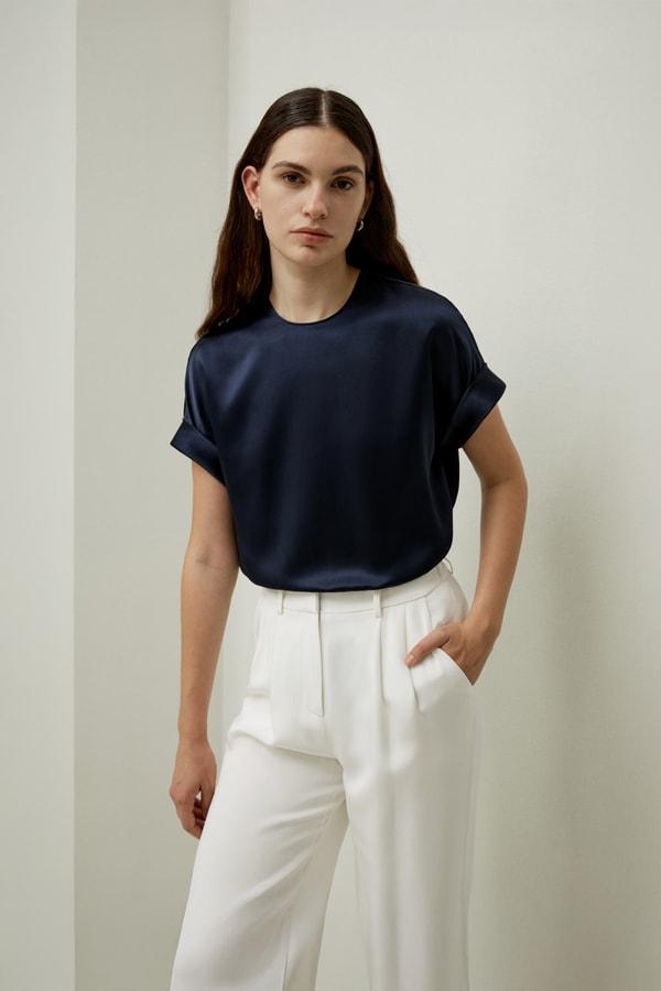 Obliuque Sleeves Round Neck Silk Tee Product Image