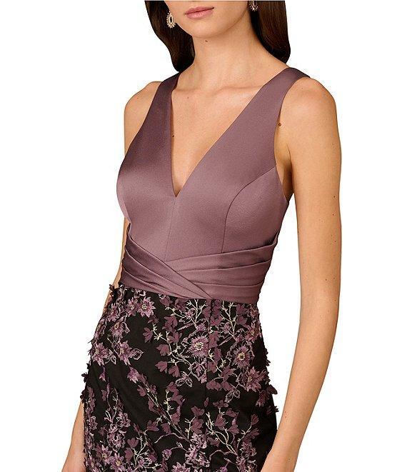 Aidan Mattox Satin Crepe V-Neck Sleeveless 3D Embroidered Pleated Bodice Column Dress Product Image