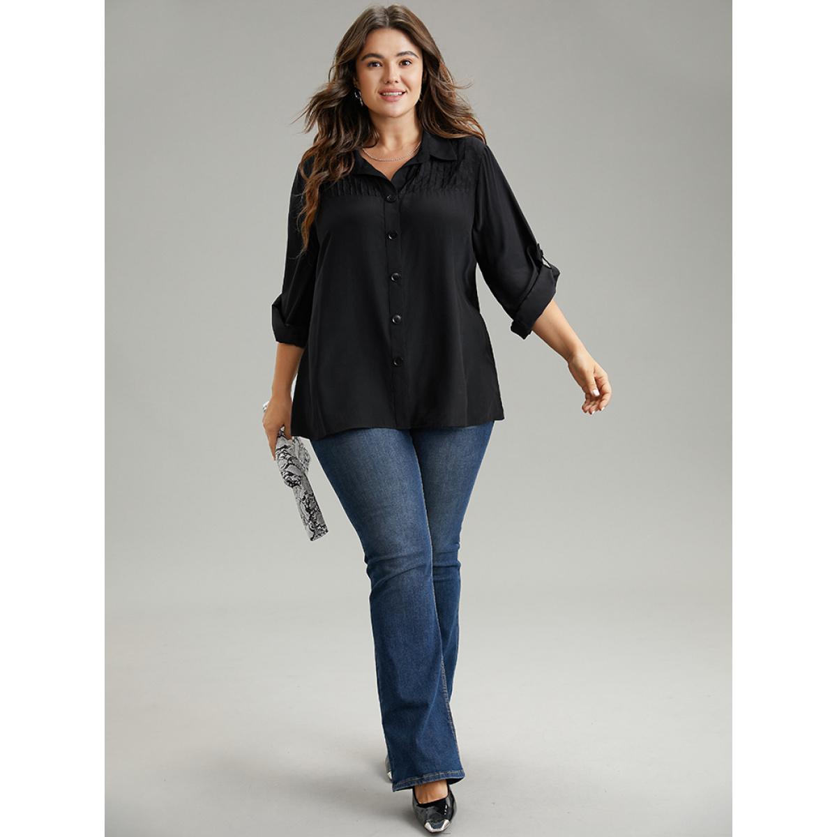 Plus Size Black Solid Button Through Roll Tab Sleeve Blouse Women Office Long Sleeve Shirt collar Work Blouses BloomChic 10/M Product Image