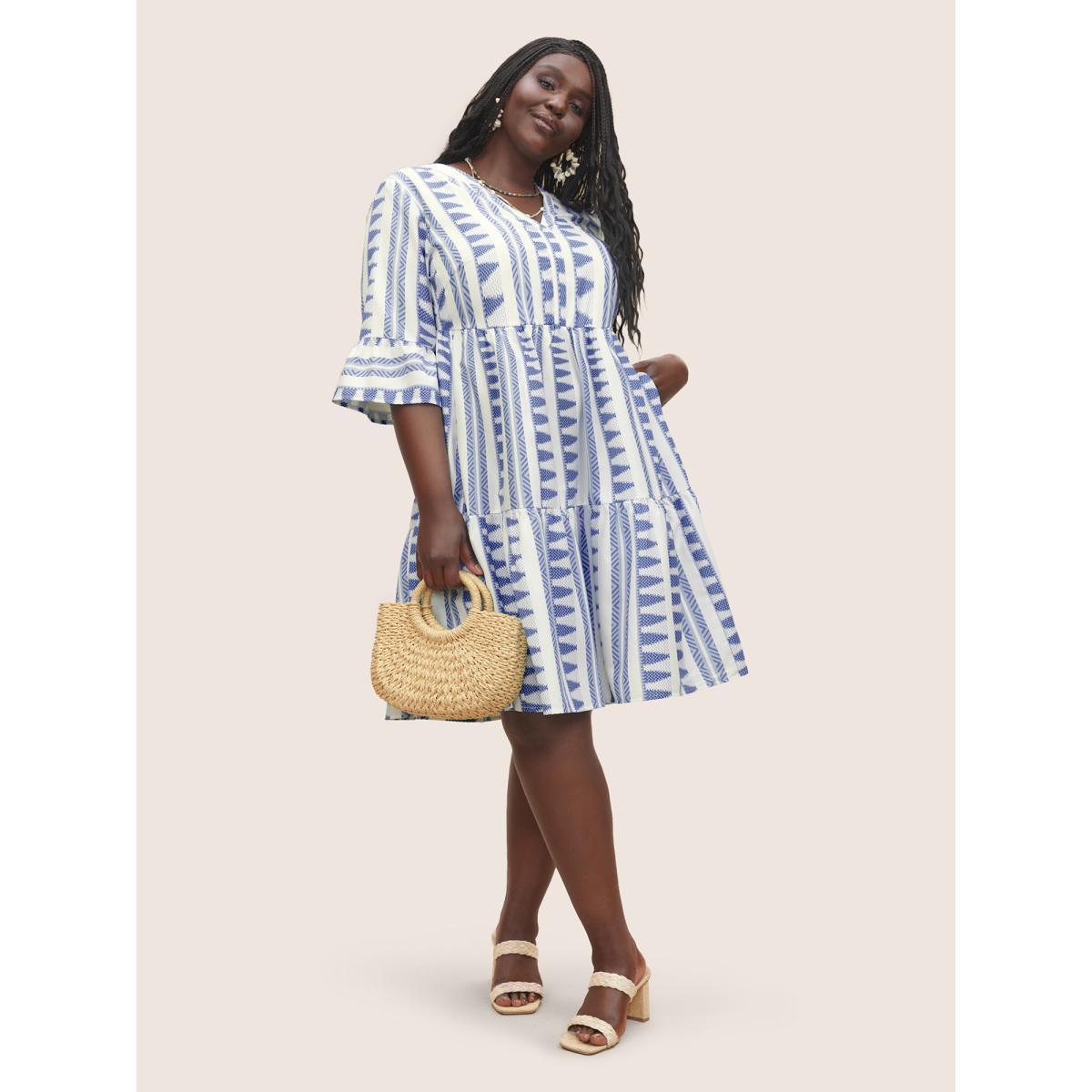 Plus Size Bandana Geometric Notched Ruffle Layered Hem Dress LightBlue Women Resort Non Notched collar Elbow-length sleeve Curvy Midi Dress BloomChic 28/5X Product Image