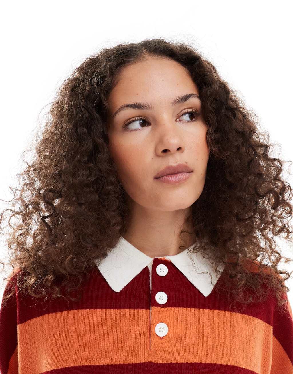 COLLUSION polo stripe sweater with rugby collar in red stripe Product Image