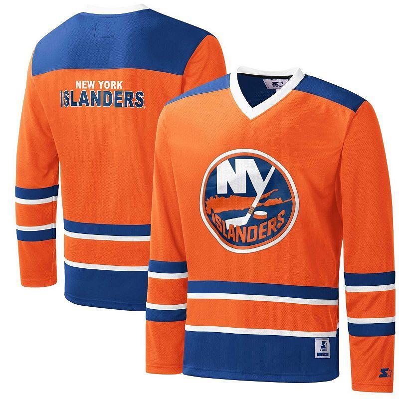 Mens Starter Orange/Royal New York Islanders Cross Check Jersey V-Neck Long Sleeve T-Shirt Product Image