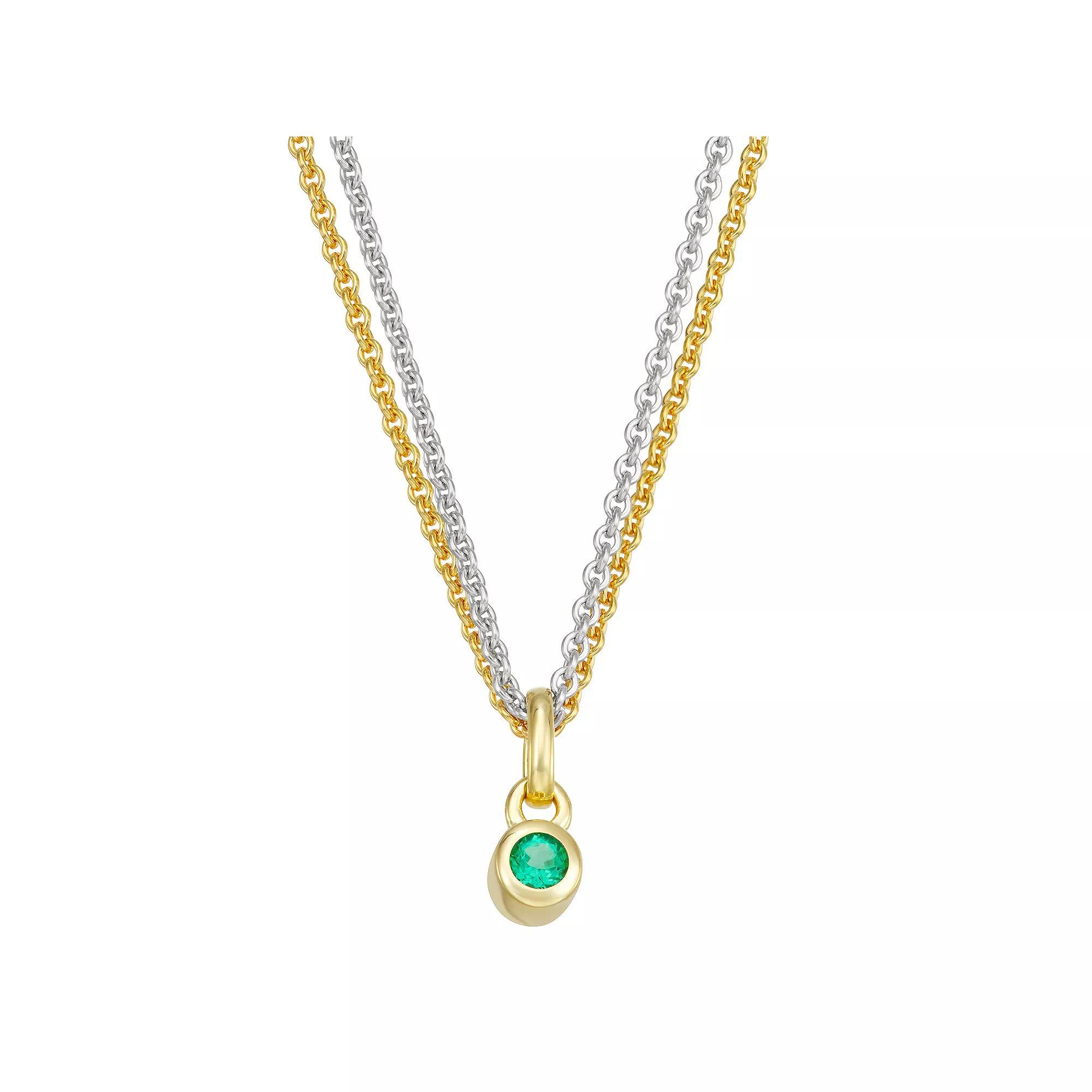 14k Gold & Sterling Silver Double Strand Emerald Charm Necklace, Women's, Size: 18", Gold Tone Product Image