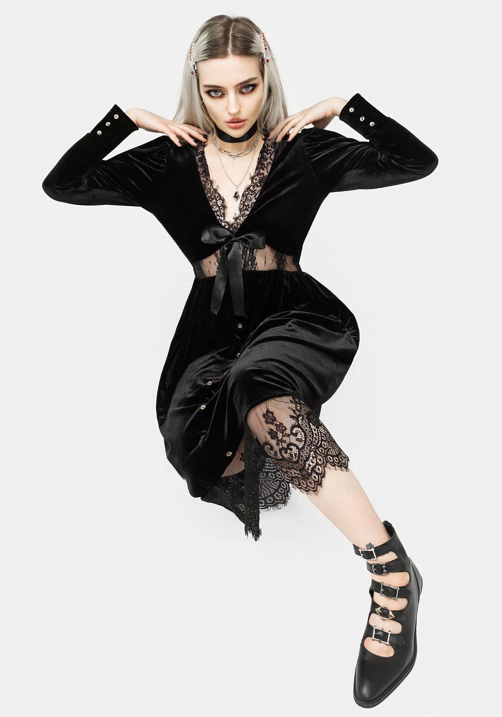 Mausoleum Velour Mutton Sleeve Midi Dress Product Image