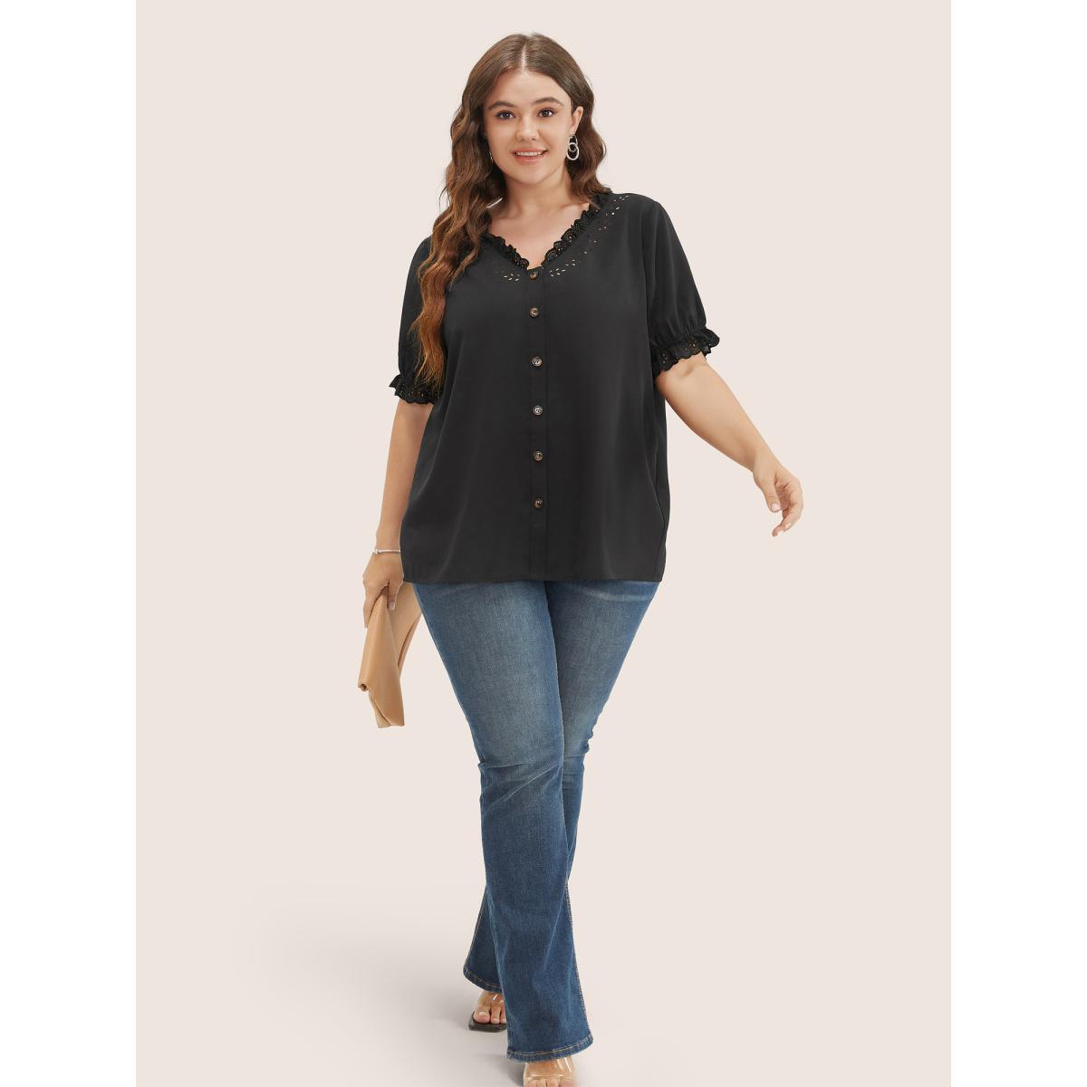 Plus Size Black Solid Lace Trim Button Up Laser Cut Puff Sleeve Blouse Women Elegant Short sleeve V-neck Everyday Blouses BloomChic 26/4X Product Image